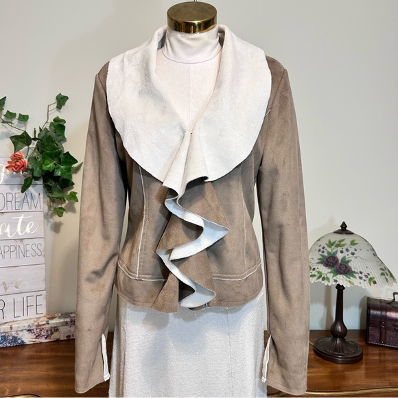 Jackets & Blazers - Au Lieu Tan Beige & White Faux Suede Fur Draped Ruffle Front Jacket New NWOT